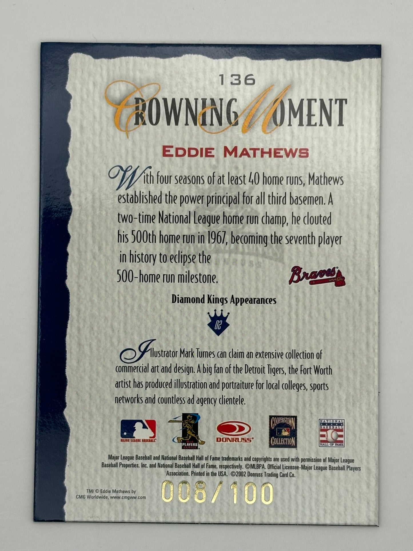 2002 Diamond Kings Gold Foil Eddie Mathews /100 Braves
