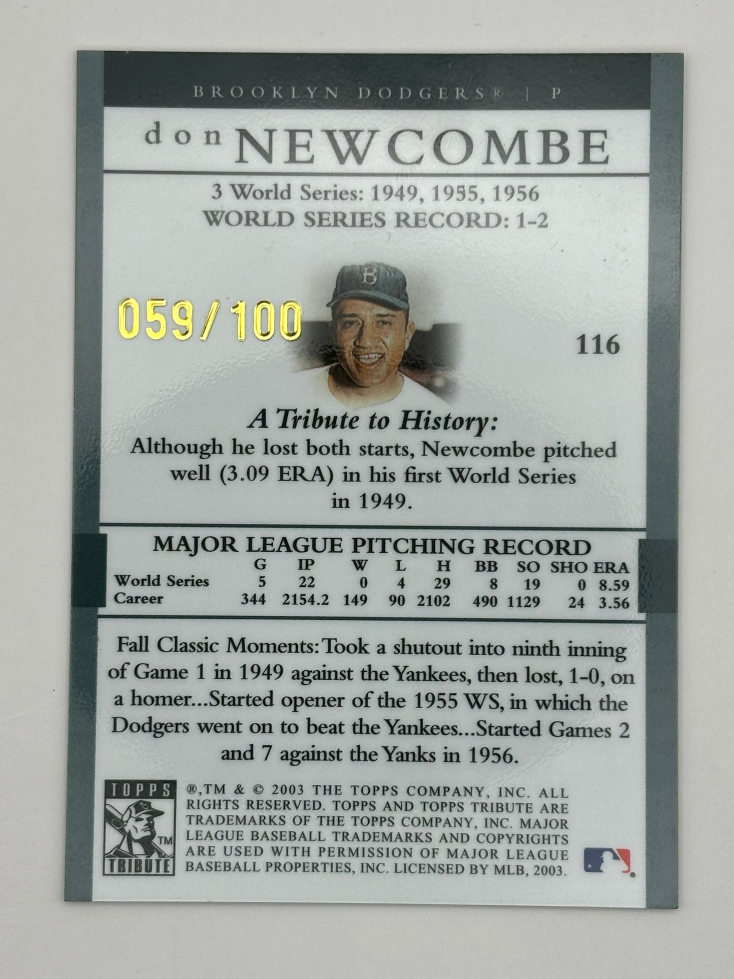 2003 TOPPS TRIBUTE DON NEWCOMBE DODGERS GOLD REFRACTOR PARALLEL SP /100