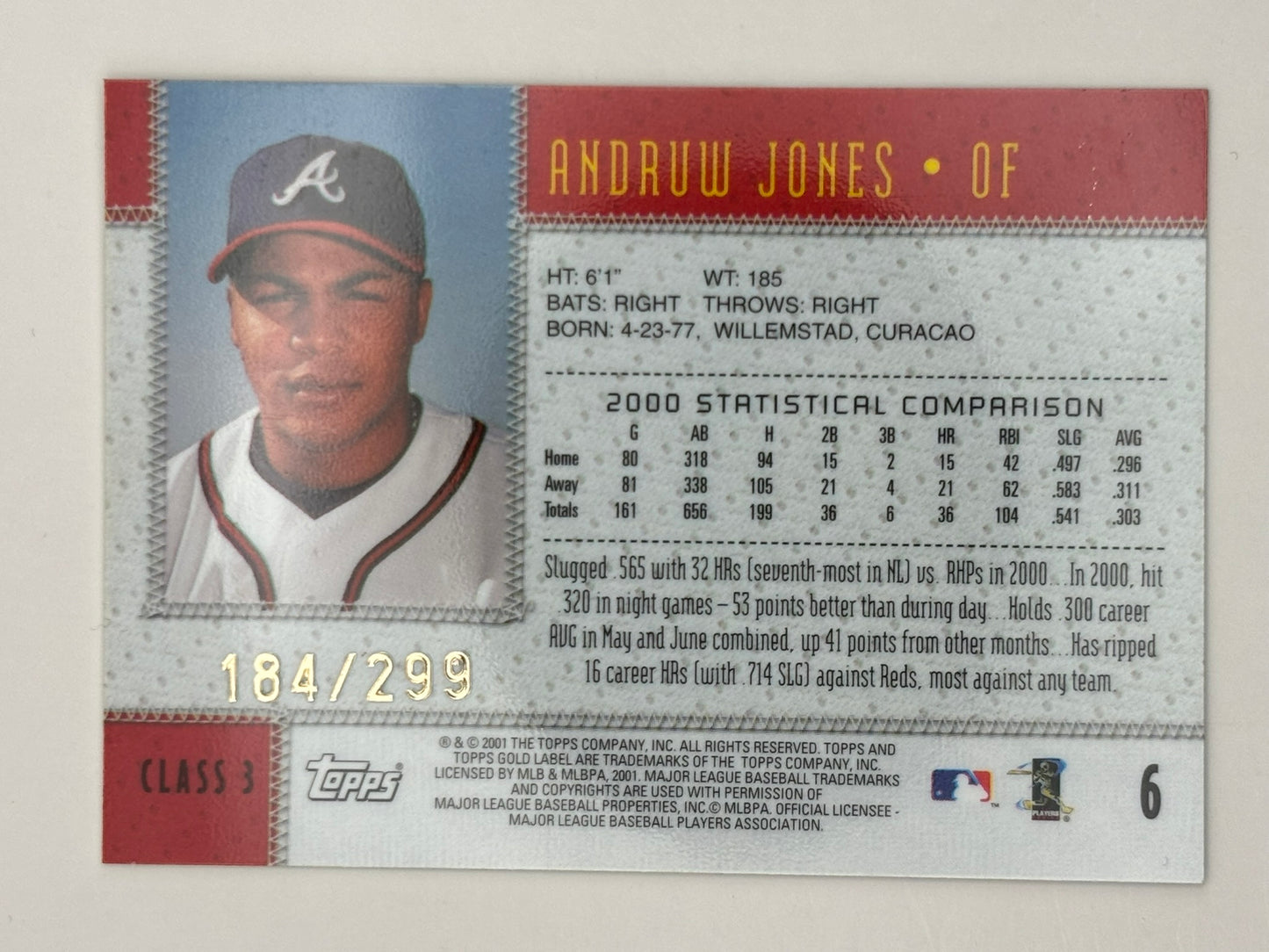 2001 Topps Gold Label #6 Andruw Jones Class 3 Gold #/299