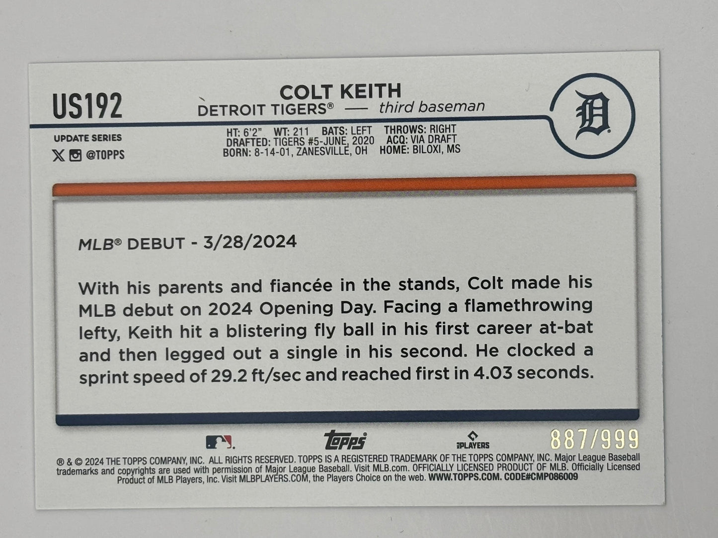 2024 Topps Update Colt Keith Blue Mini Diamond Rookie Debut /999