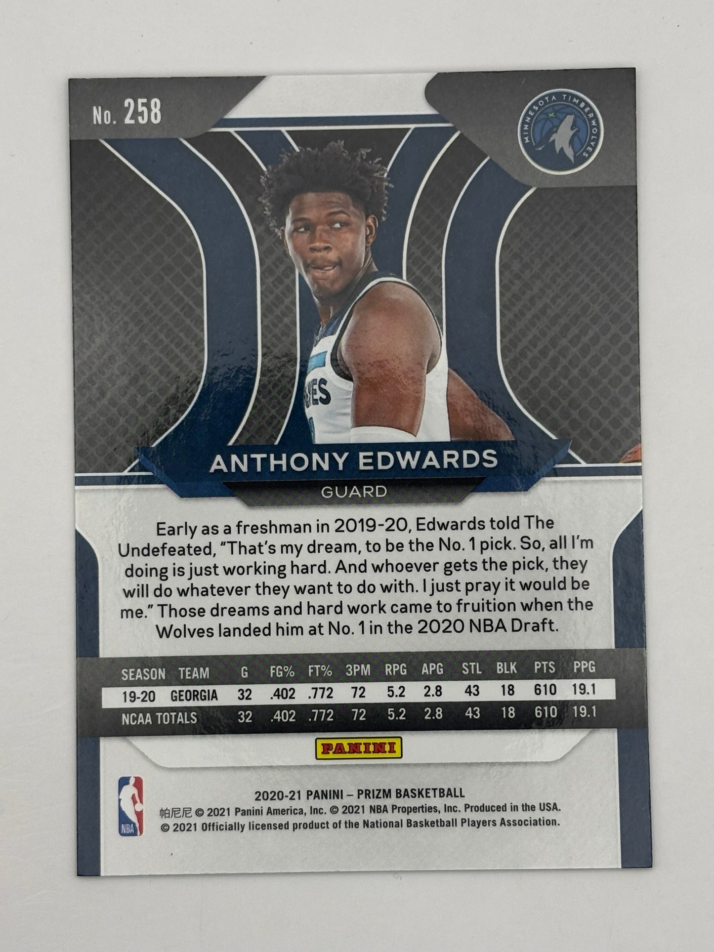 2020 Anthony Edwards #258 RC Rookie Card Panini Prizm Minnesota Timberwolves RC