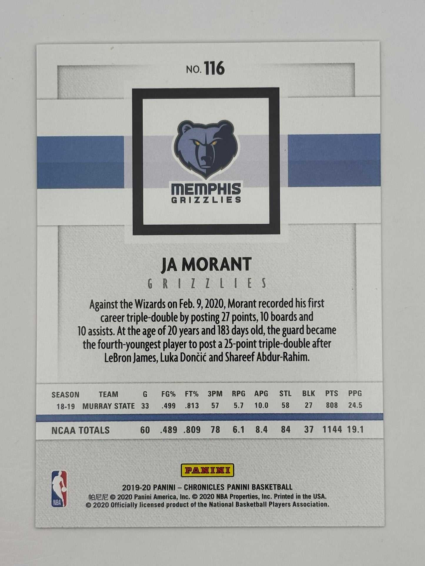 2019-20 Chronicles Panini Ja Morant Young Dolph Sean Tuohy #116 Rookie RC