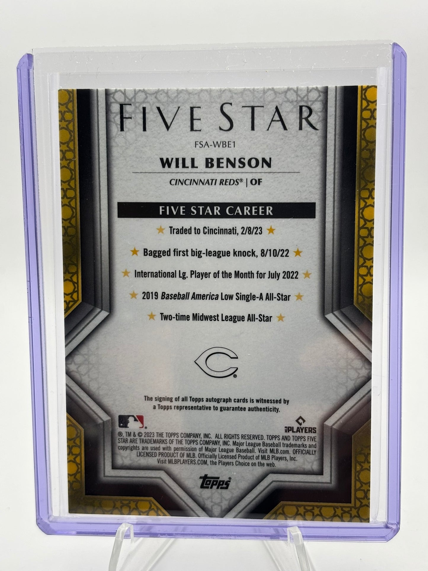 2023 Topps Five Star Green Will Benson #FSA-WBE1 /15 RC Auto Cincinnati Reds