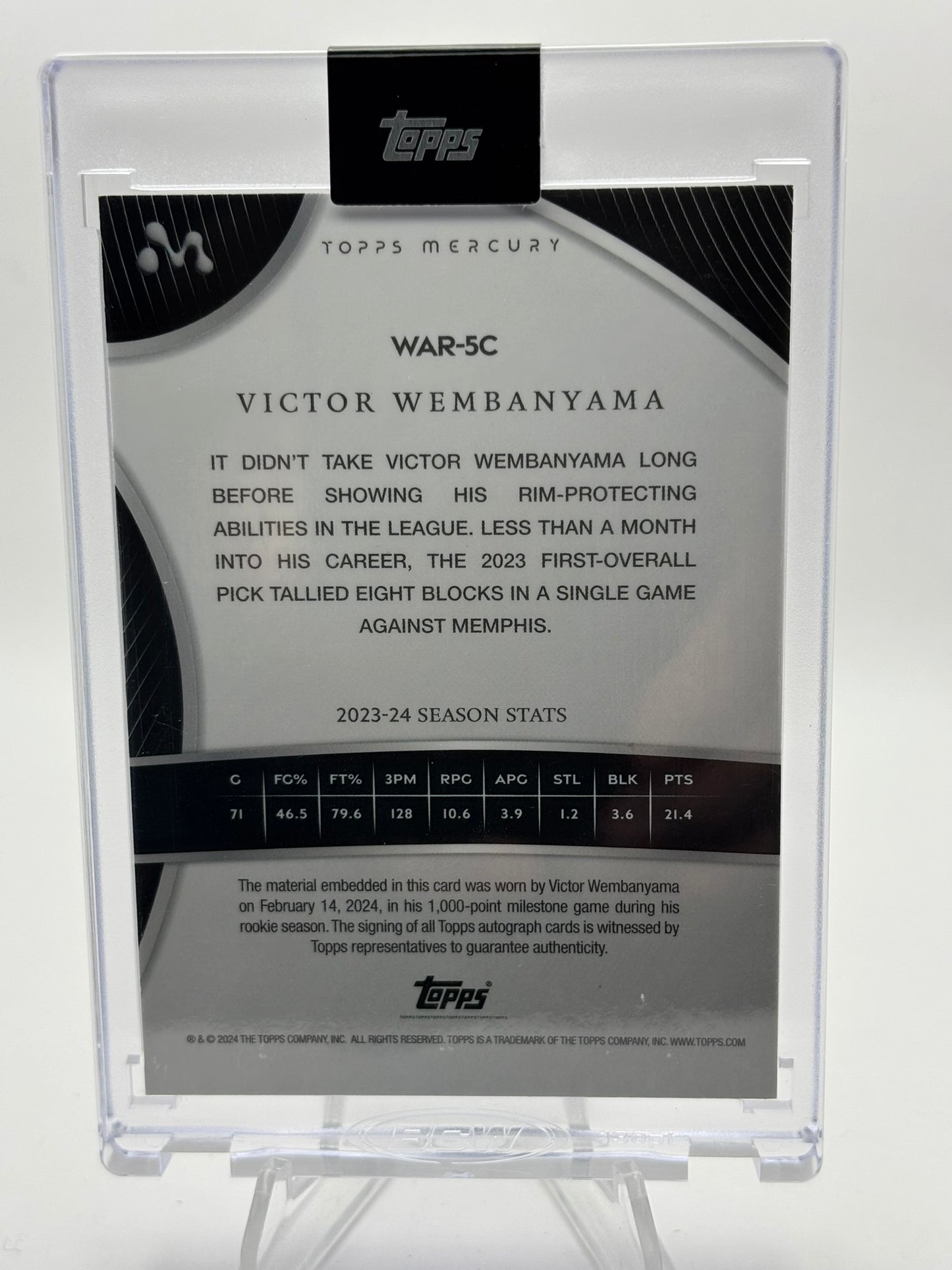 VICTOR WEMBANYAMA 2023-24 TOPPS MERCURY ROOKIE GAME USED PATCH AUTO RC RPA 36/50