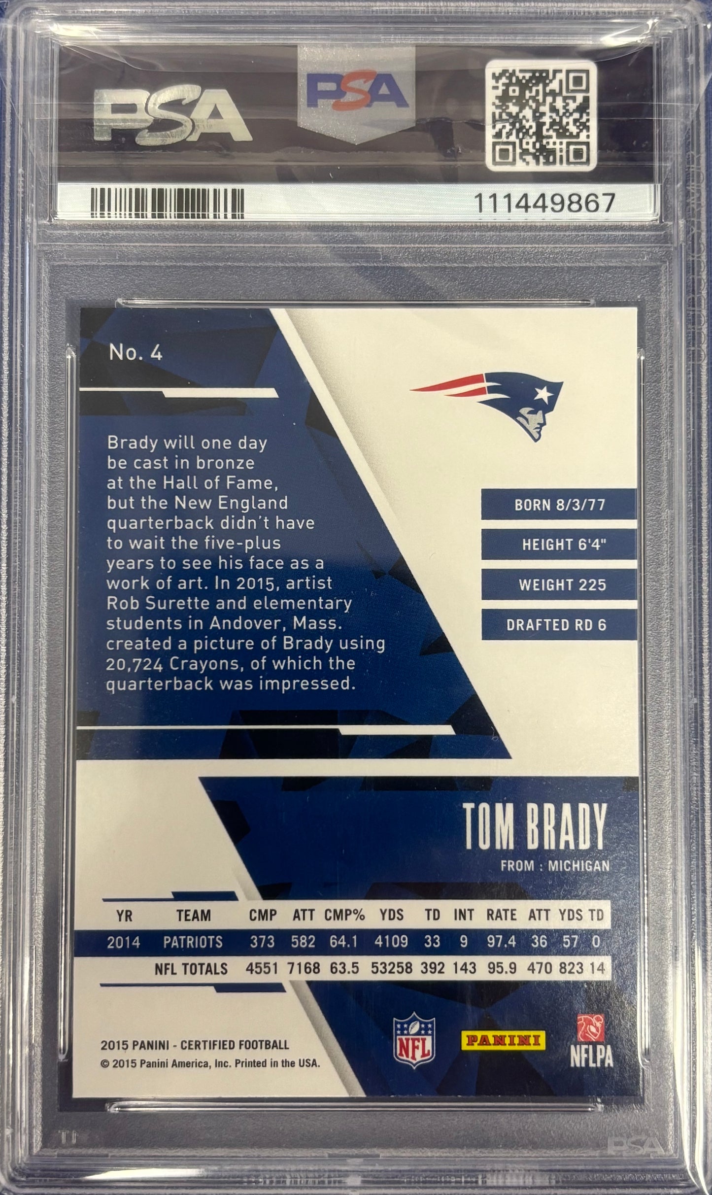 2015 Panini Certified Tom Brady PSA 9