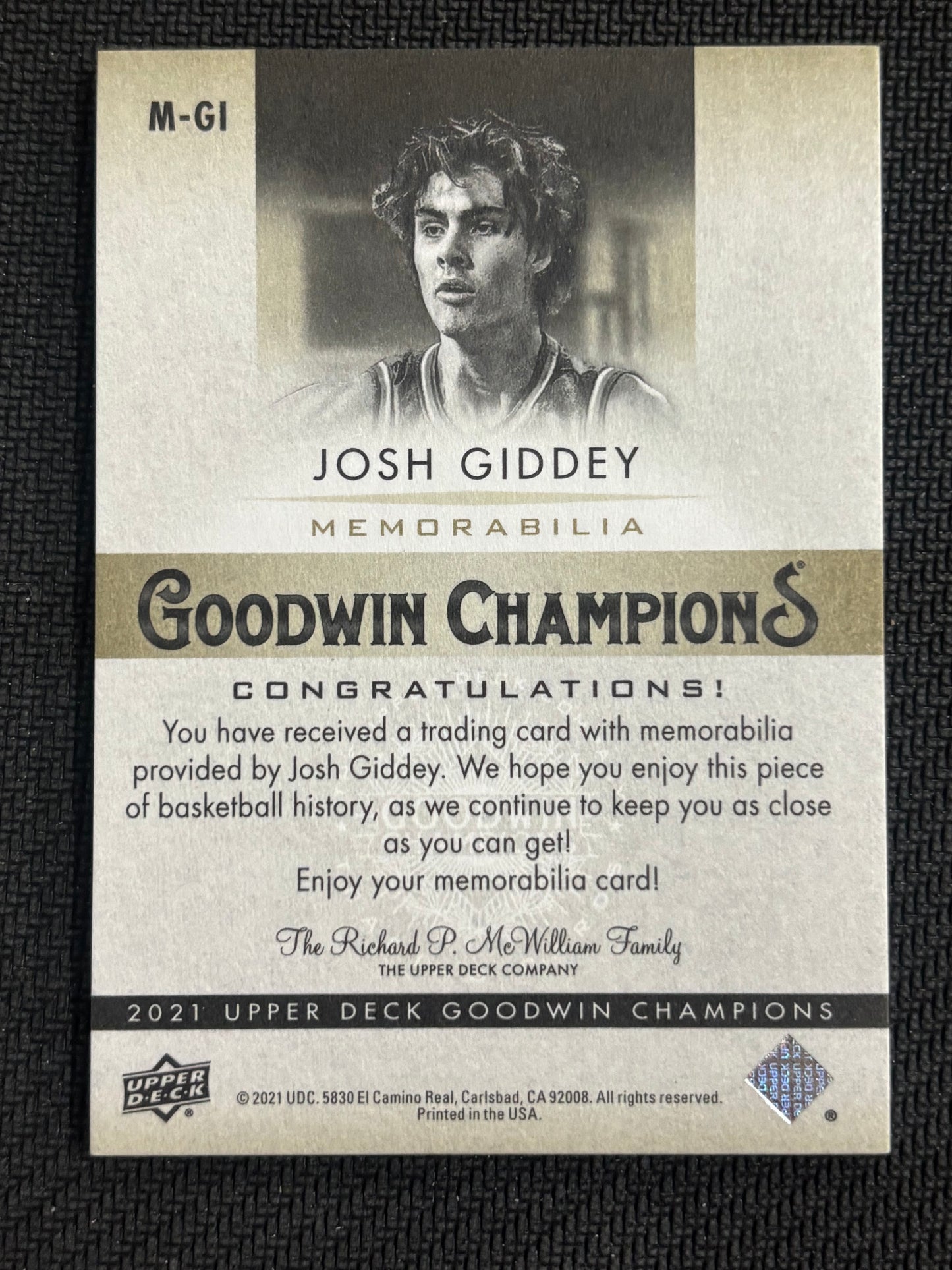 2021 Upper Deck Goodwin Champions Josh Giddy Memorabilia /50