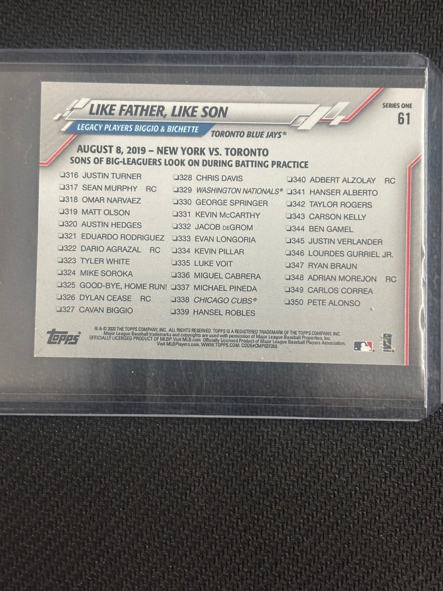 2020 Topps Mini Like Father, Like Son Bo Bichette Cavan Biggio Team Color Match Blue /10 TOR Blue Jays