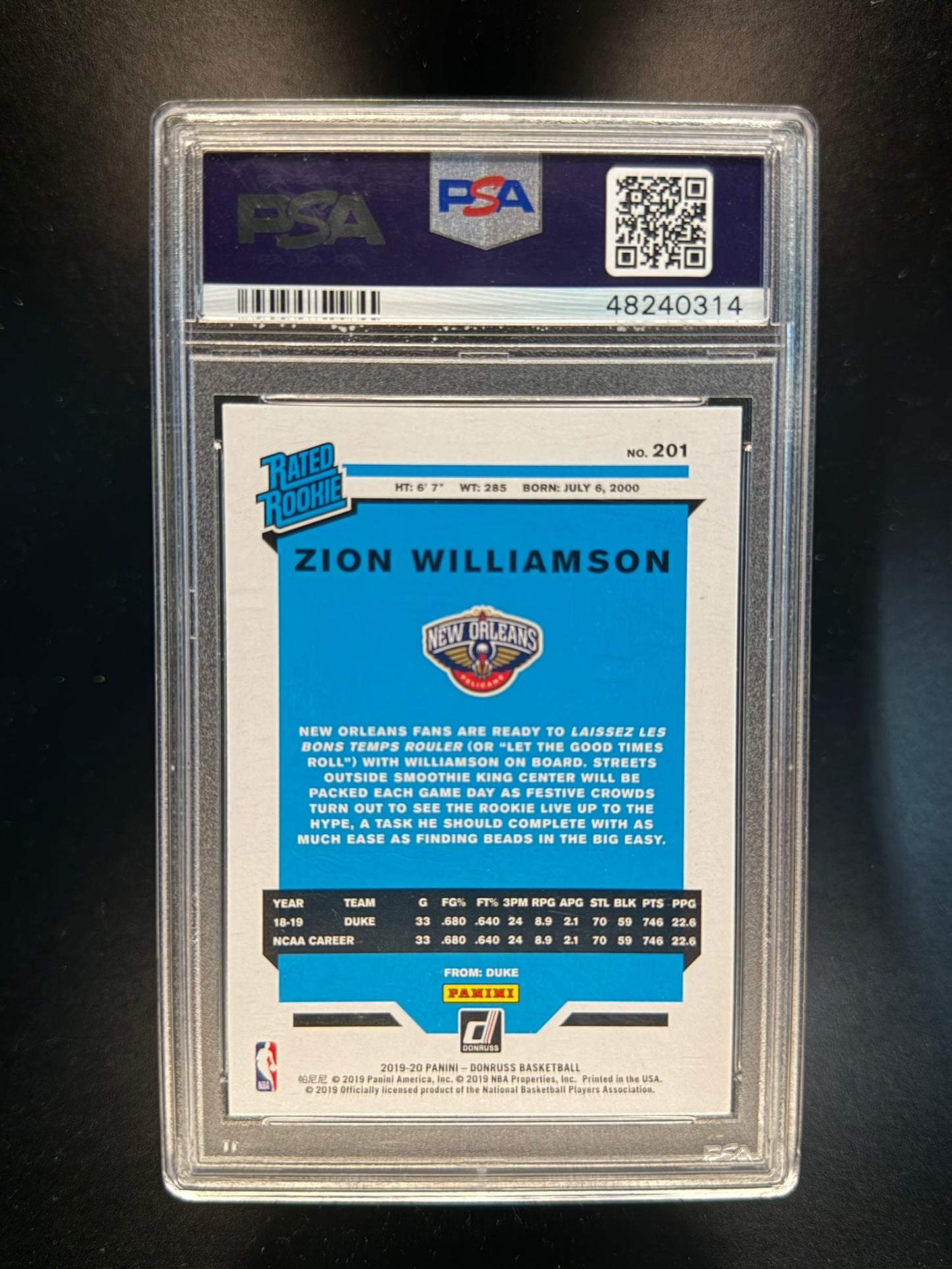 2019 PANINI DONRUSS #201 ZION WILLIAMSON RATED ROOKIE PSA 8
