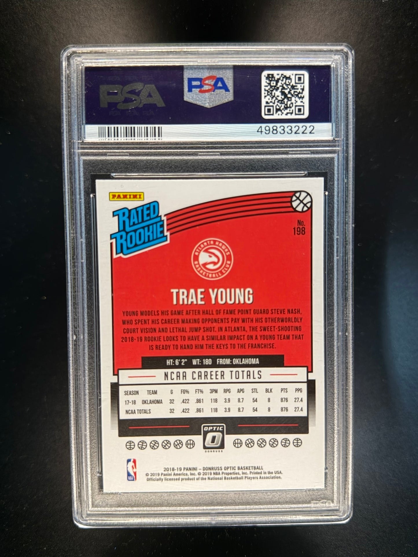 2018 PANINI DONRUSS OPTIC #198 TRAE YOUNG ROOKIE PSA 9
