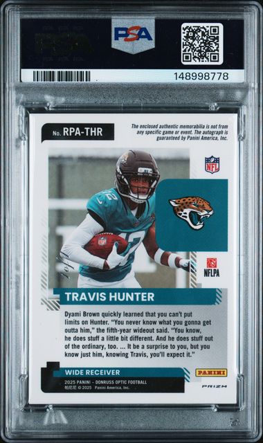 2025 PANINI DONRUSS OPTIC ROOKIE PATCH AUTO TRAVIS HUNTER GOLD VINYL 1/1 PSA 9