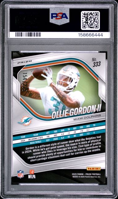 2025 PANINI PRIZM #333 OLLIE GORDON II PURPLE ICE ROOKIE /225 PSA 10
