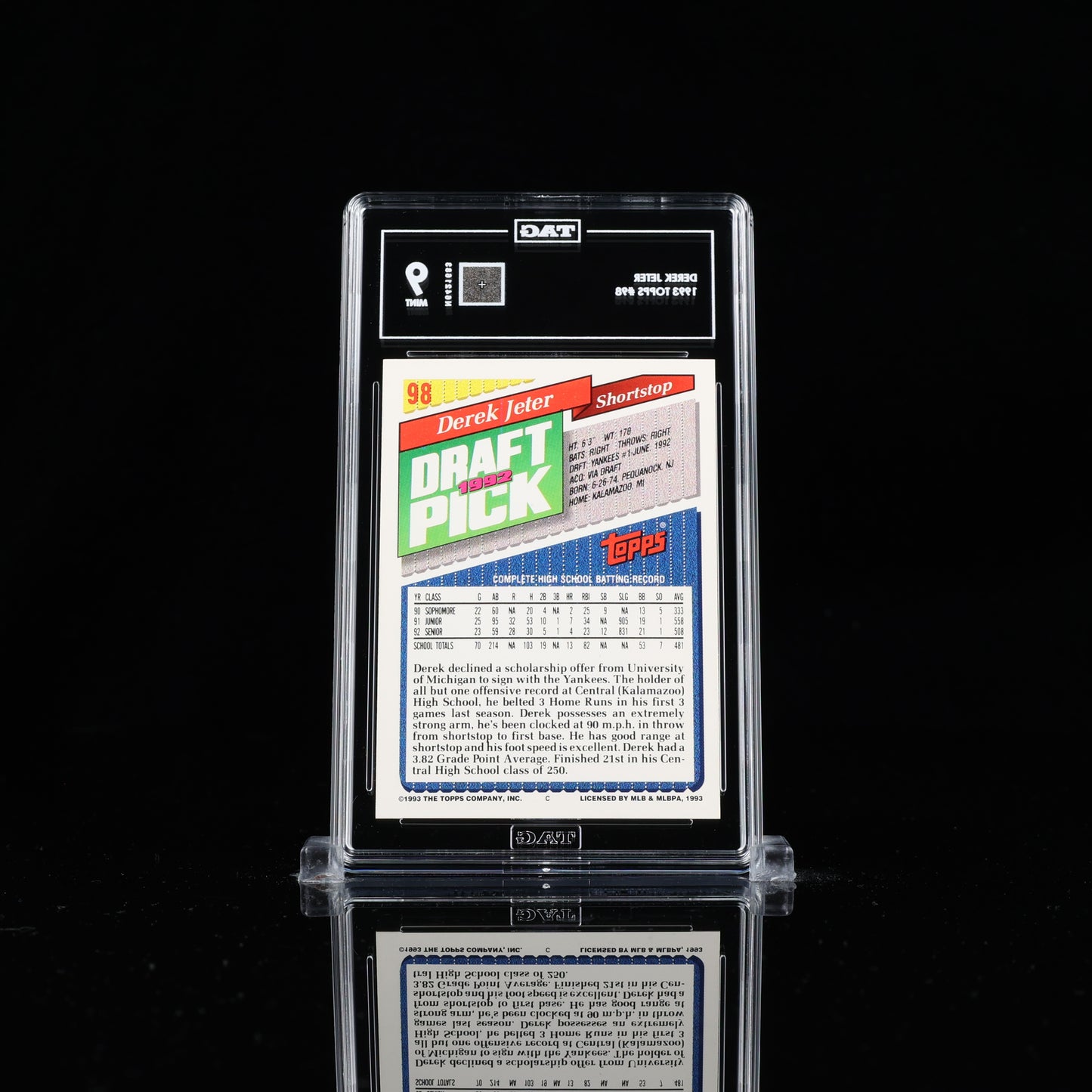 1993 Topps Baseball Derek Jeter #98 Rookie 1992 Draft Pick RC Graded TAG 9 !