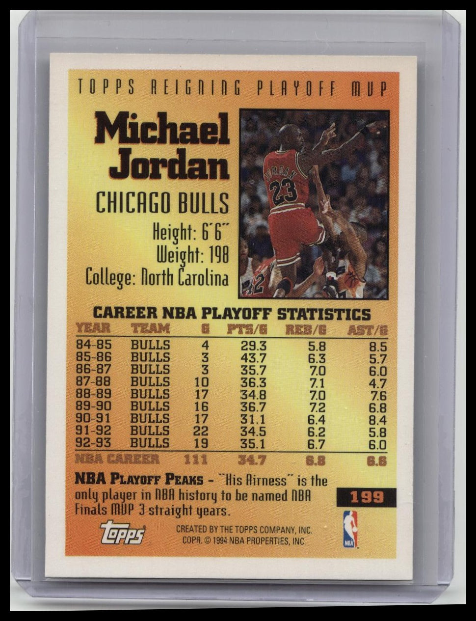 1994 Topps GOLD - Michael Jordan Topps Reigning Playoff MVP #199 Chicago Bulls