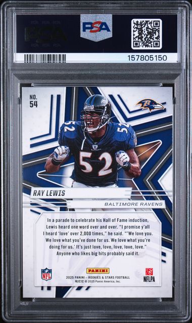 2025 PANINI ROOKIES & STARS #54 RAY LEWIS TRUE BLUE /149 PSA 10