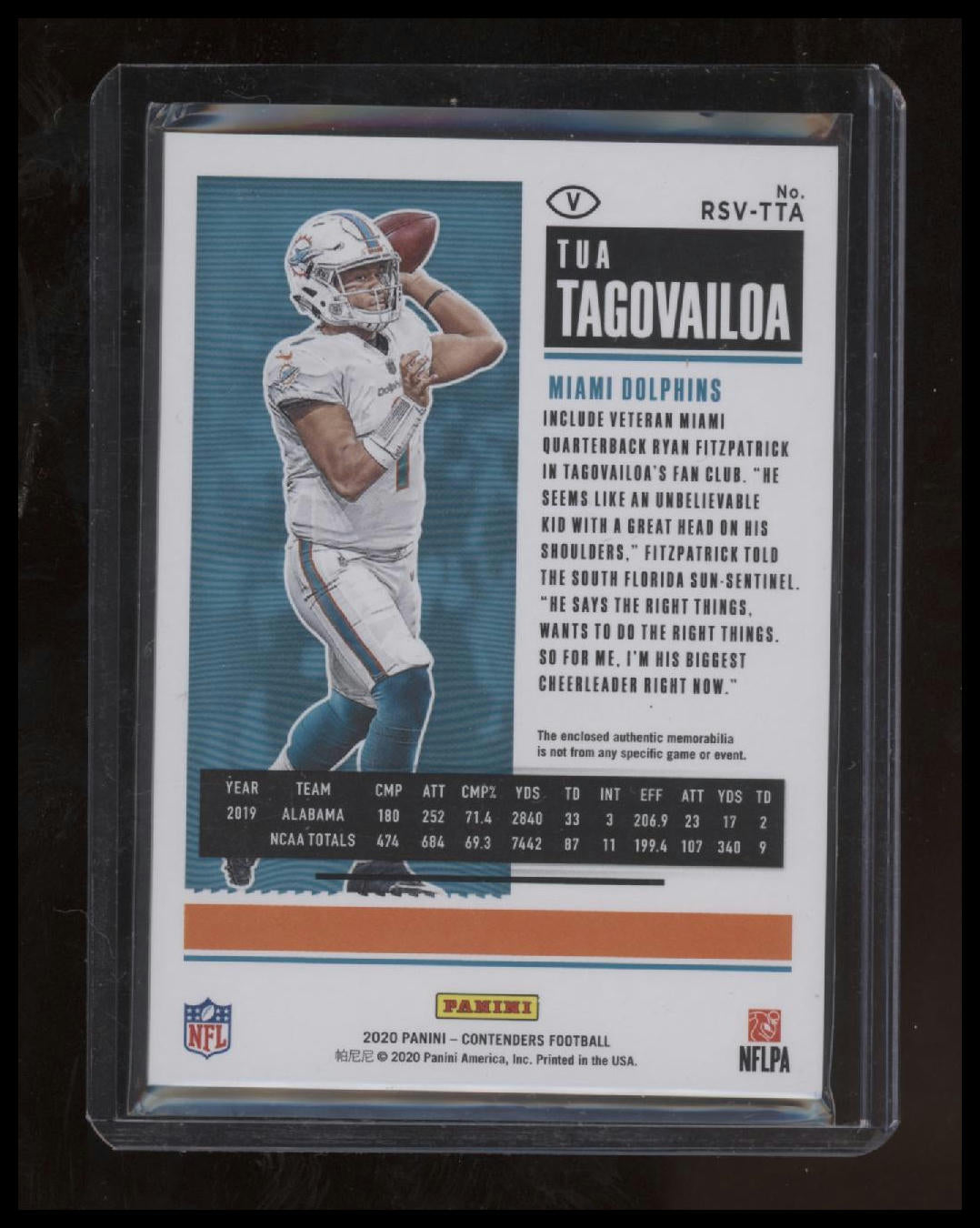 2020 Contenders Tua Tagovailoa Green Rookie Ticket Patch Dolphins