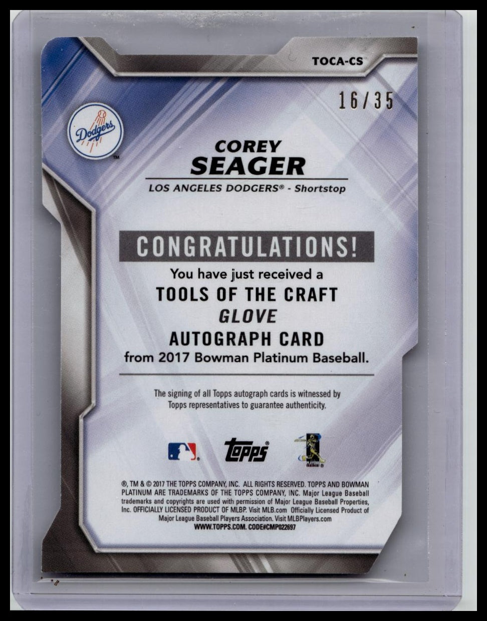2017 Bowman Platinum Tools Of The Craft Corey Seager Auto /35