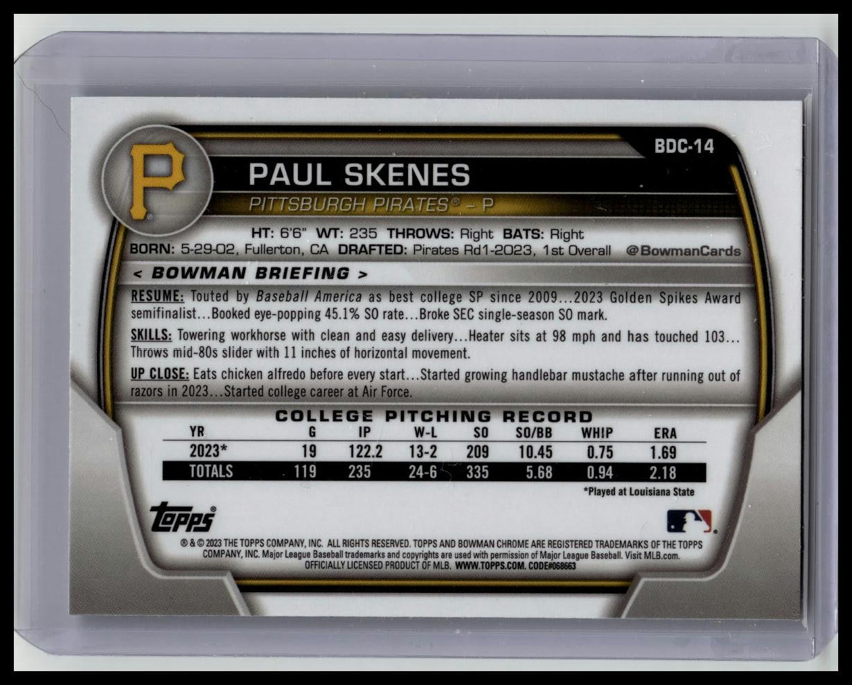2023 Bowman Chrome Draft Paul Skenes 1st Prospect #BDC-14 Pittsburgh Pirates