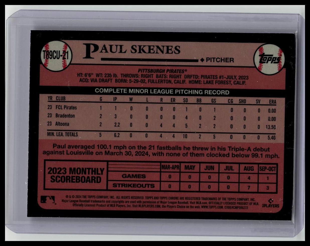 2024 Topps Update #T89CU-21 Paul Skenes 1989 35th Mojo Rookie