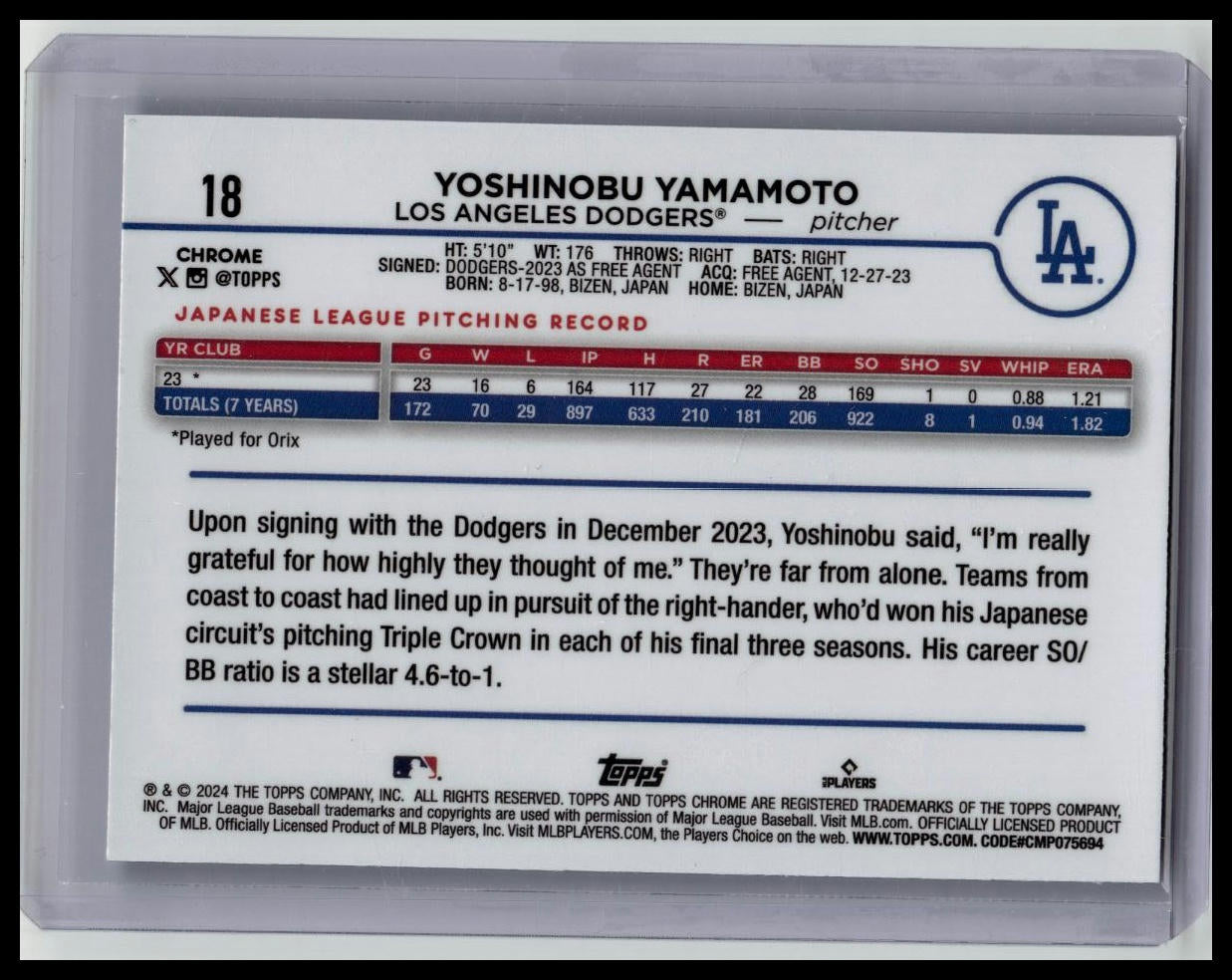 2024 Topps Chrome Yoshinobu Yamamoto Blue Sonar Refractor Rookie /125 Dodgers