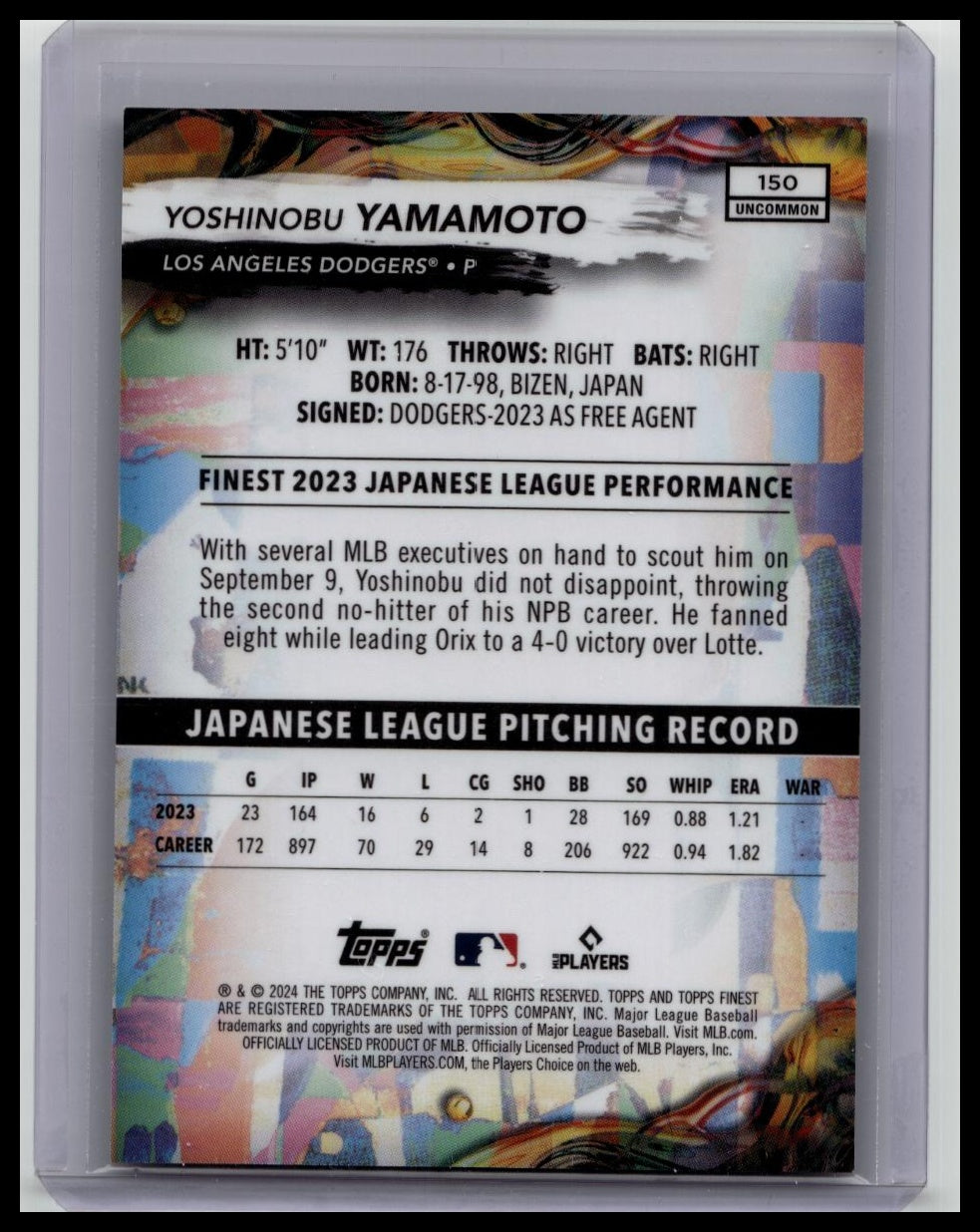 2024 Topps Finest Yoshinubo Yamamoto RC (Uncommon) 216/250 - Dodgers