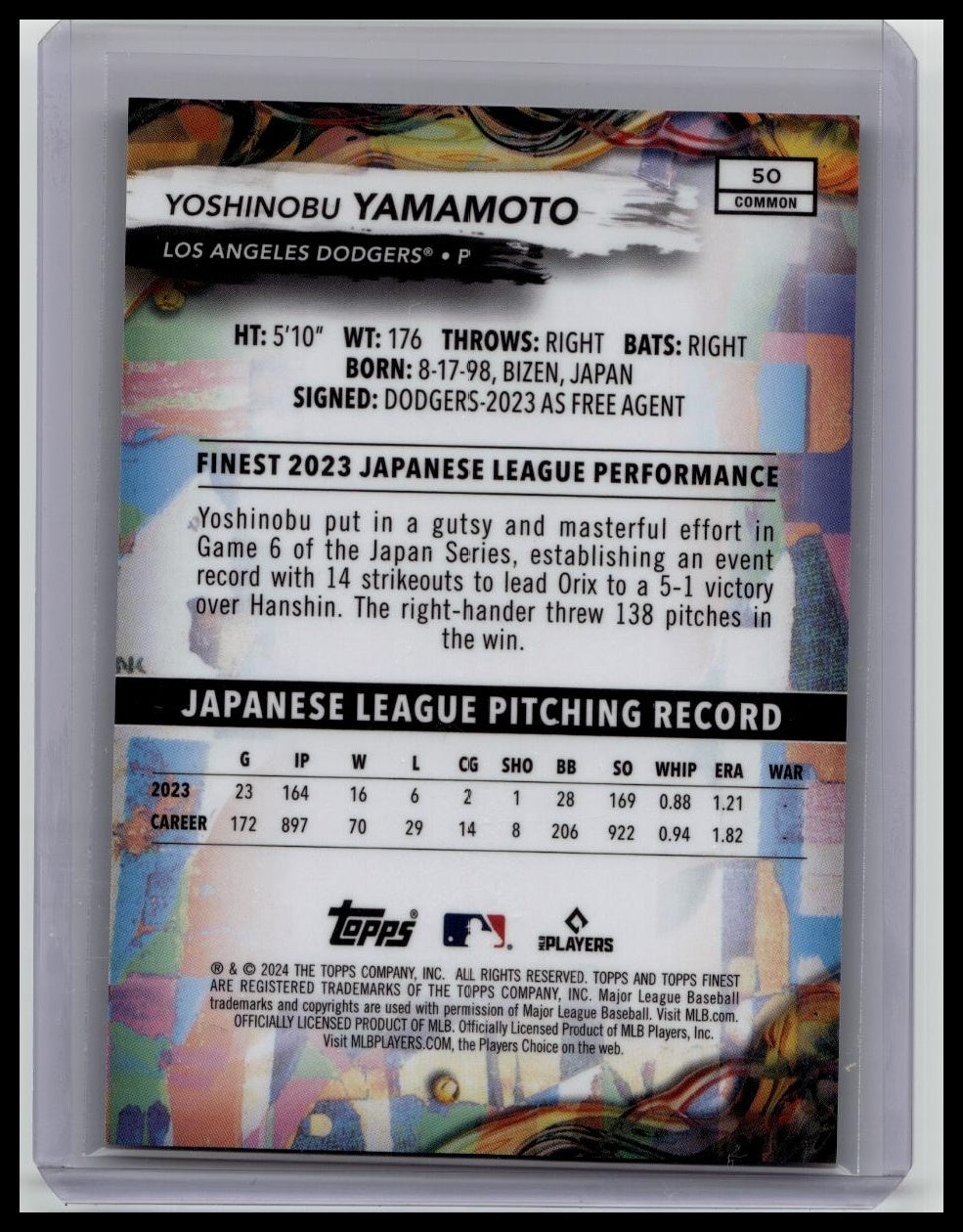 2024 Topps Finest Yoshinobu Yamamoto Purple Refractor RC 244/250 #50