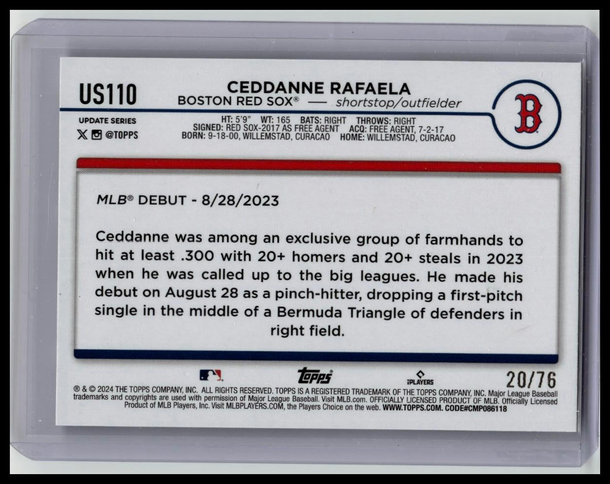 Ceddanne Rafaela 2024 TOPPS UPDATE ROOKIE INDEPENDENCE DAY 20/76 RED SOX RC SSP