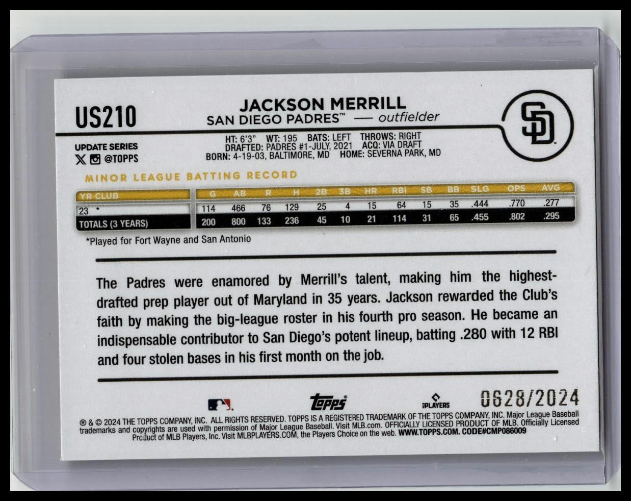 Jackson Merrill - 2024 Topps Update - Rookie #US210 - Gold /2024 - Padres