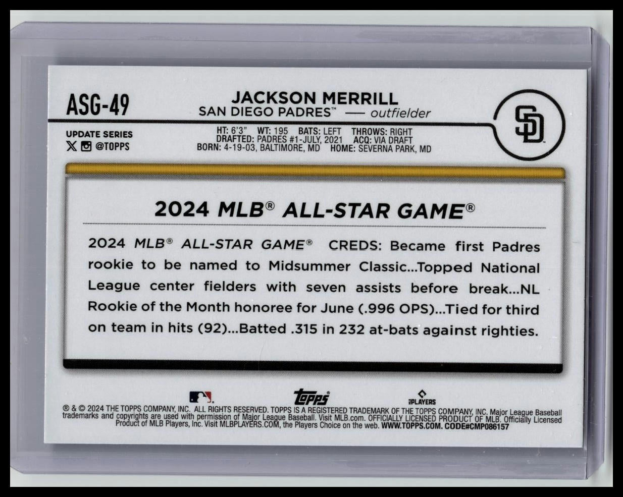 2024 Topps Update Jackson Merrill 2024 All Star Game Blue #ASG-49 Padres
