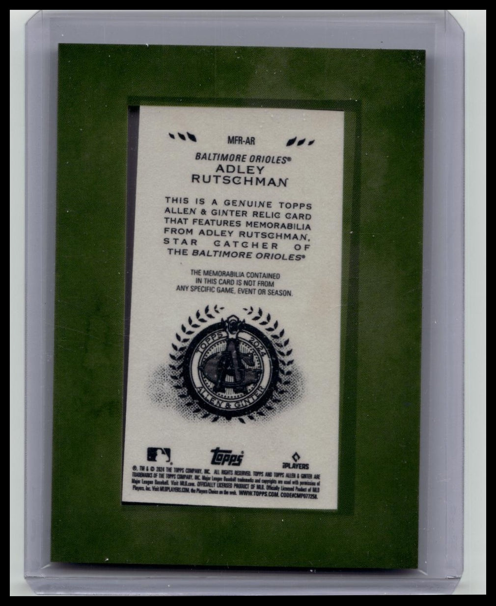 2024 Topps Allen & Ginter #MFR-AR Adley Rutschman Mini Framed Bat Relic