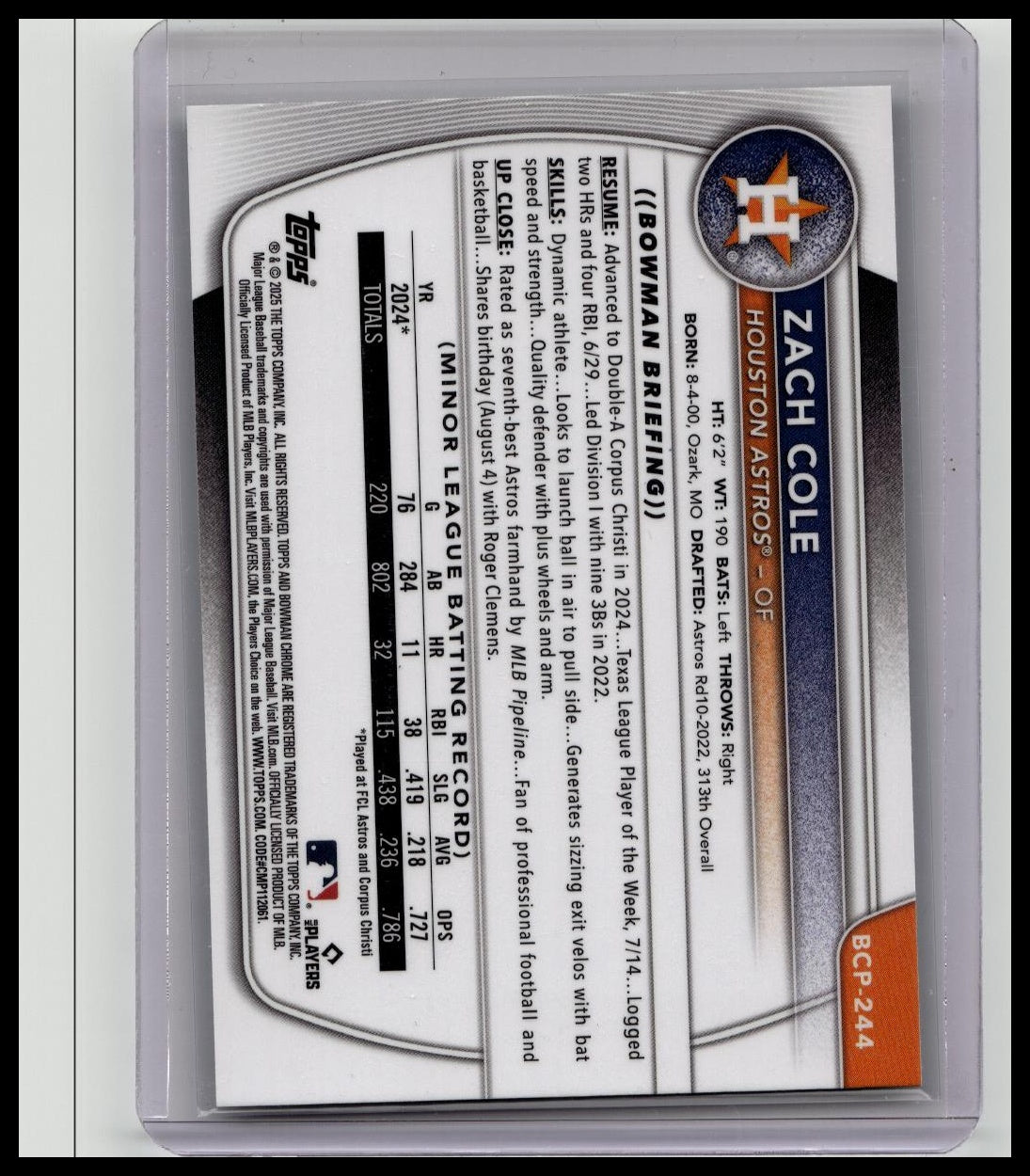 Zach Cole 2025 Bowman Chrome 1st RC GREEN REFRACTOR #'d 09/99 Astros
