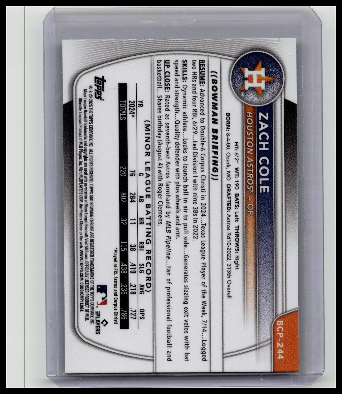 Zach Cole 2025 Bowman Chrome 1st RC GREEN REFRACTOR #'d 65/99 Astros