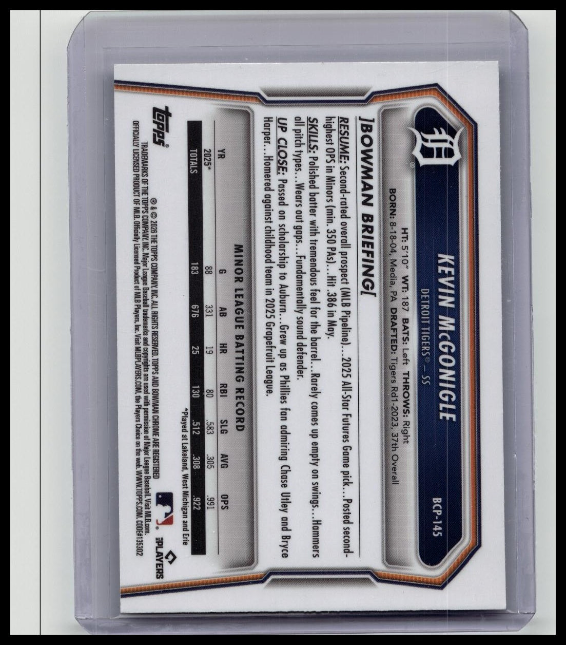 2026 Bowman Kevin McGonigle Chrome Wave Refractor /350 Detroit Tigers