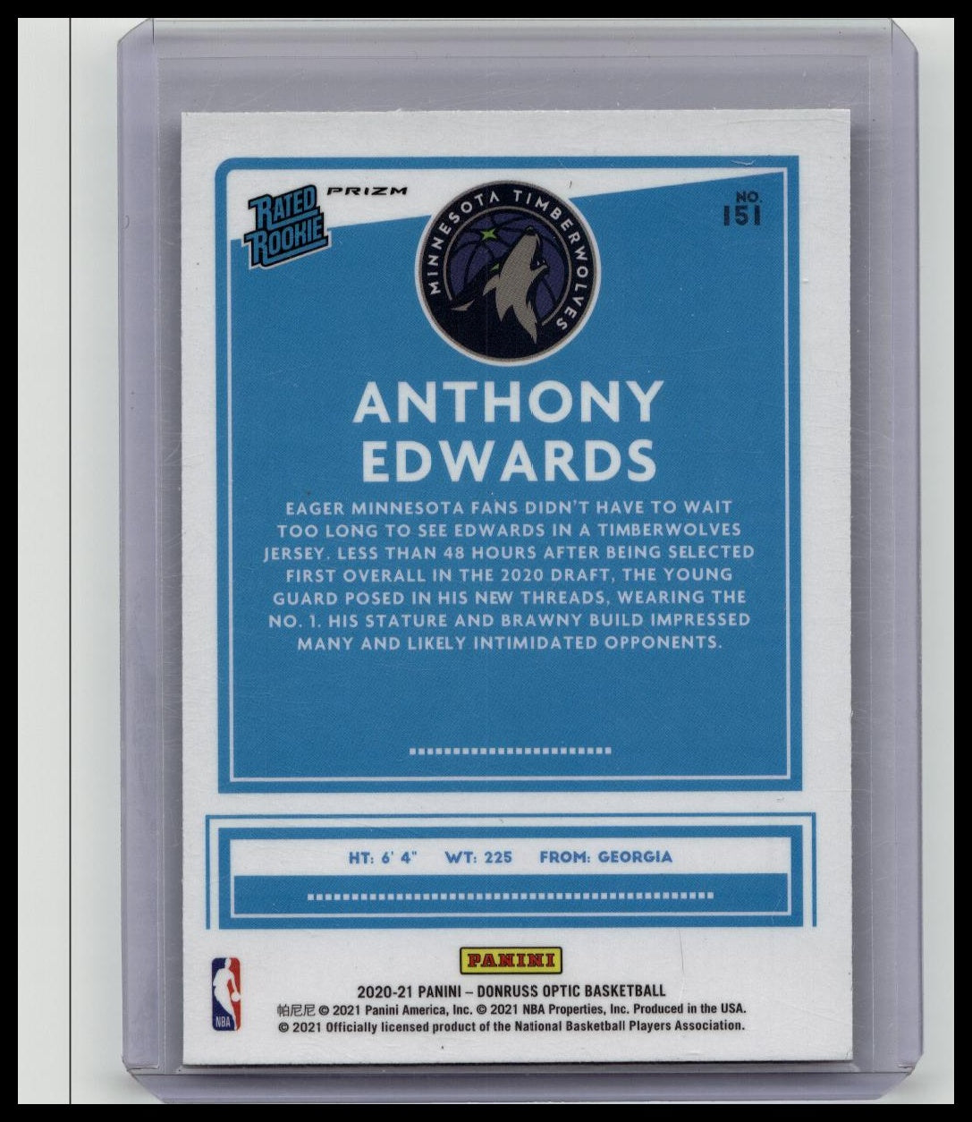 Panini Donruss Optic Purple Shock Prizm Anthony Edwards #151 Basketball Card