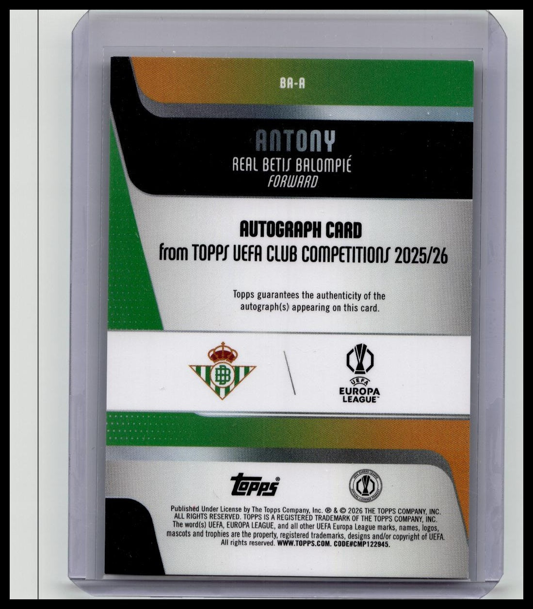 2025-26 Topps UEFA Club Competitions #BR-A Antony Gold Refractor Auto /50