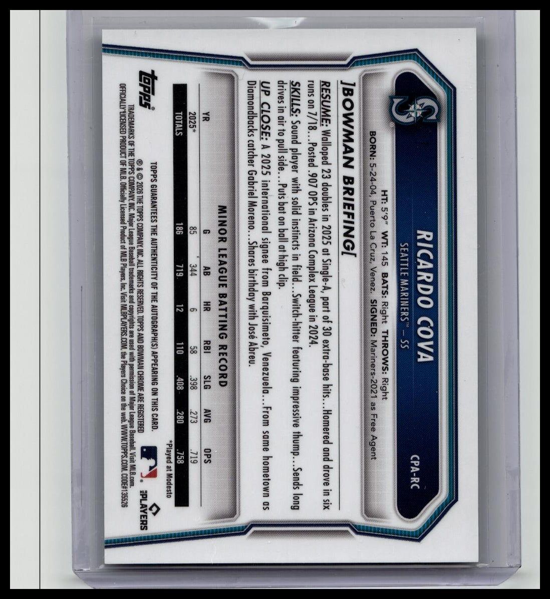 2026 Bowman Ricardo Cova On Card AUTO Chrome 1st Autograph Green Shimmer #/99