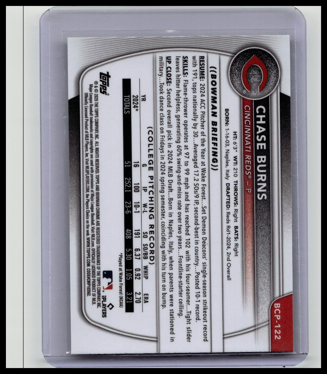 Topps 2025 Bowman Chrome Prospects Chase Burns Reds #BCP-122 Yellow Mojo /75