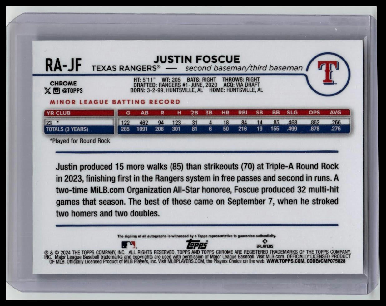2024 Topps Chrome Justin Foscue RC Rookie Auto Blue Raywave /150 Rangers