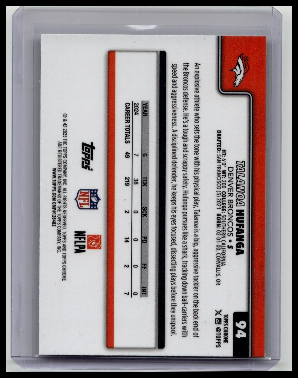 2025 Topps Chrome Talanoa Hufanga #94 Lightboard Logo Refractor SSP Broncos