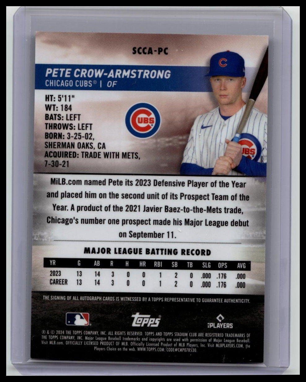 PETE CROW-ARMSTRONG 2024 TOPPS STADIUM CLUB CHROME AUTO RC #SCCA-PC CHICAGO CUBS