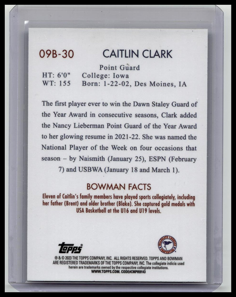 Caitlin Clark 2023 Bowman U Chrome Rookie Throwback #09B-30 RC Iowa Bowman 1st