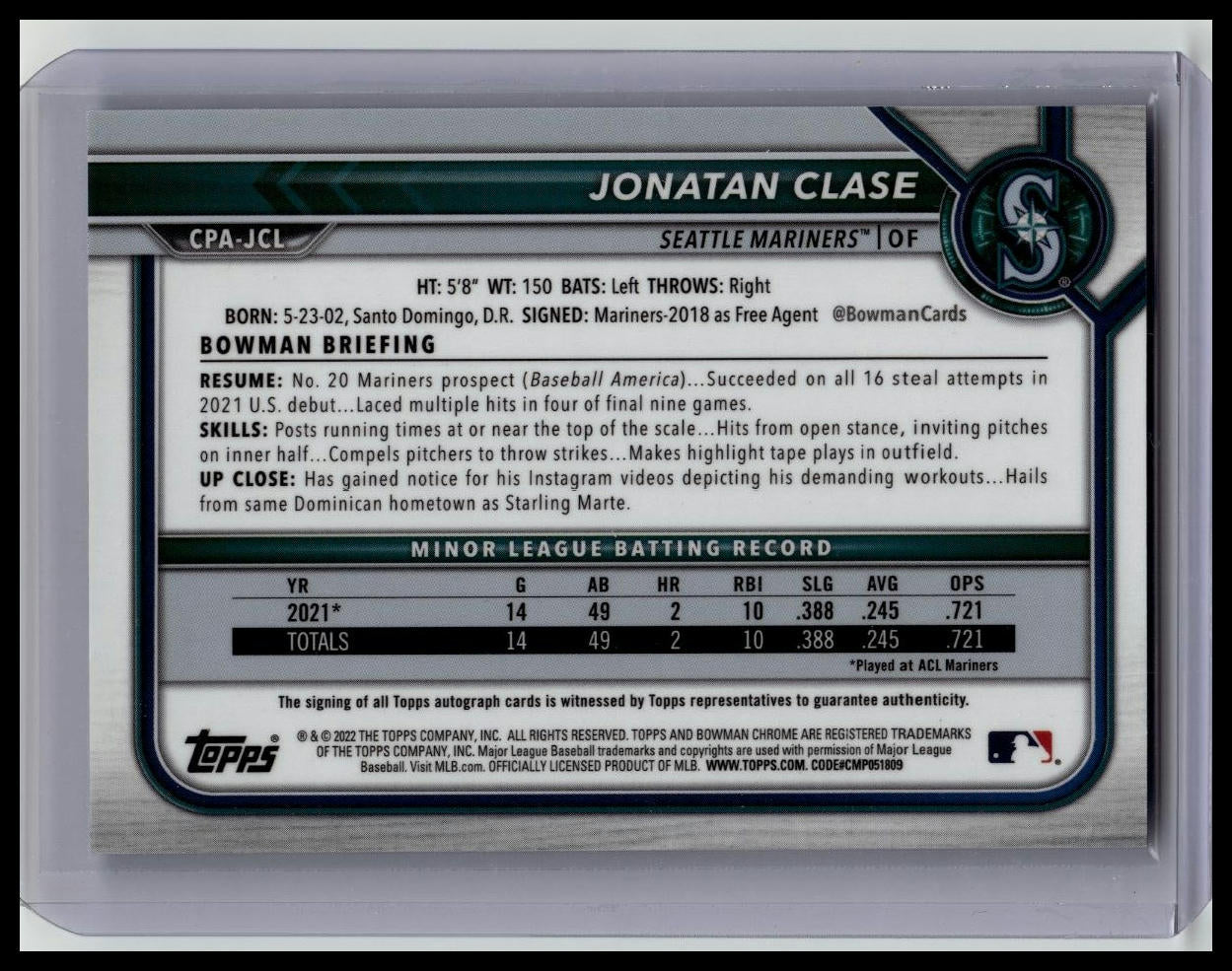 2022 Bowman Chrome Jonatan Clase 1st Bowman Auto Blue Refractor /150