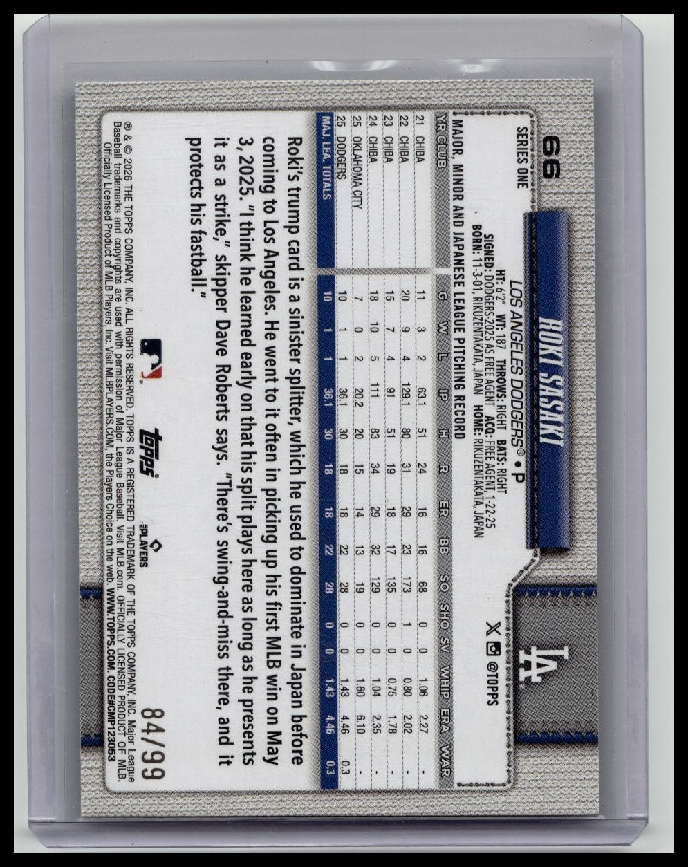 ROKI SASAKI 2026 Topps Series 1 Future Stars Green Diamante /99 ⚾️Dodgers⚾️