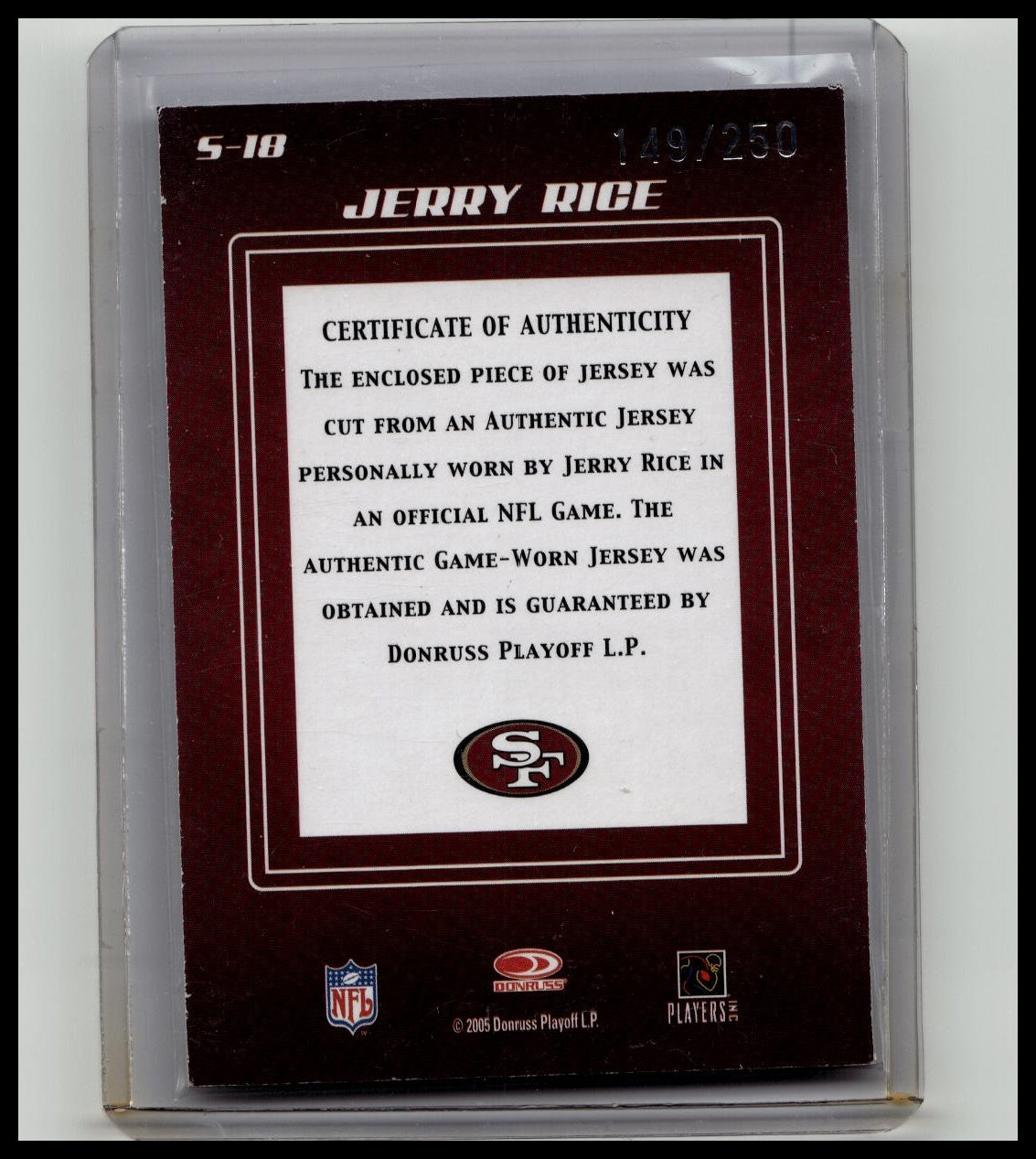Jerry Rice 2005 Donruss Zenith - Spellbound Game-Jersey #S-18 49ers /250 Rare SP