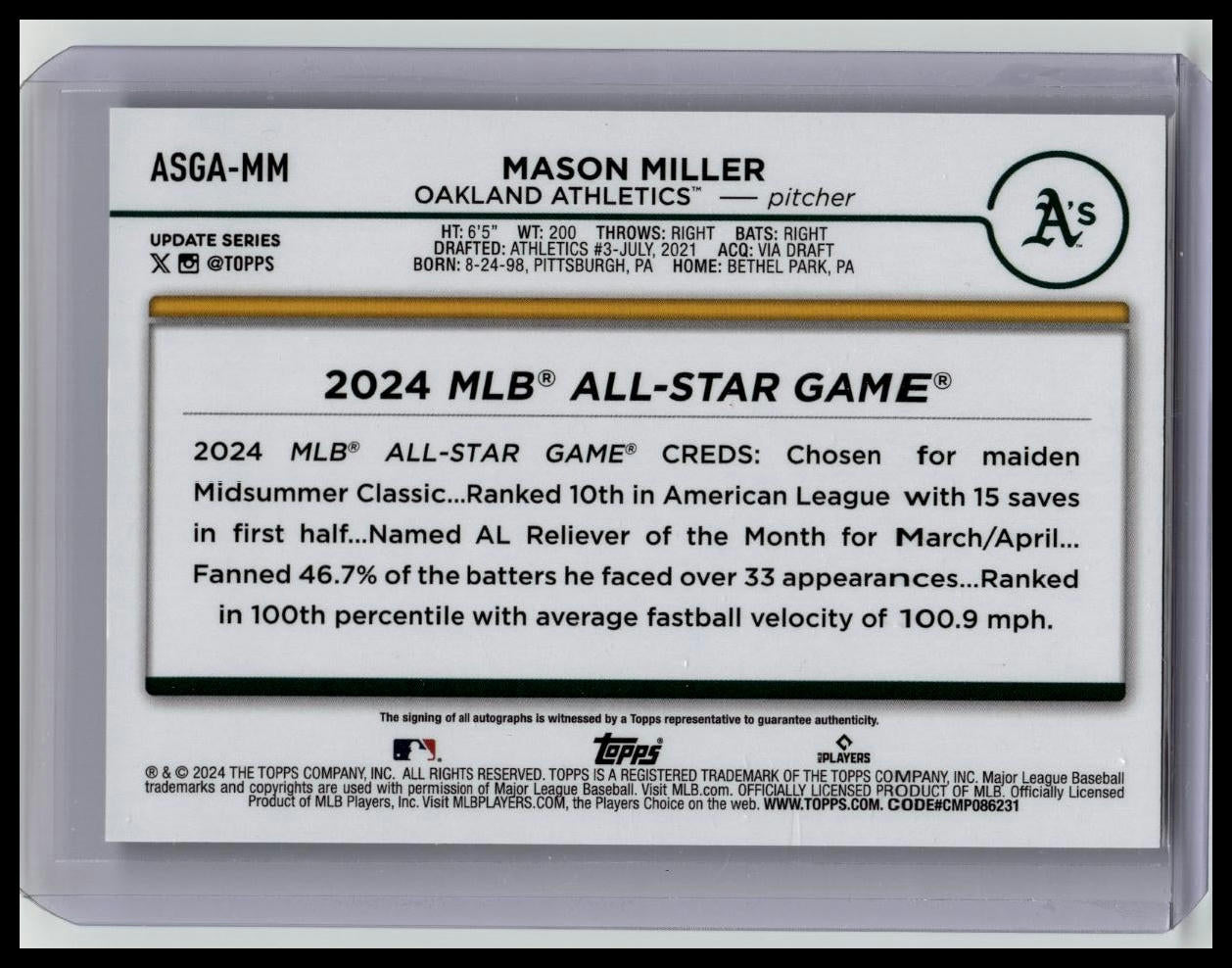 2024 Topps Update '24 MLB All-Star Game Autographs #ASGAMM Mason Miller Auto
