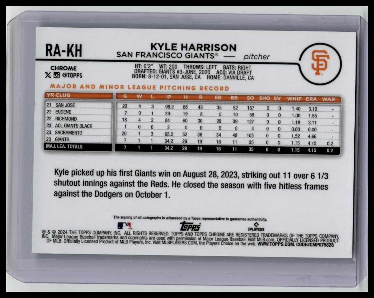 2024 Topps Chrome Update Kyle Harrison Rookie Auto Aqua Wave /199