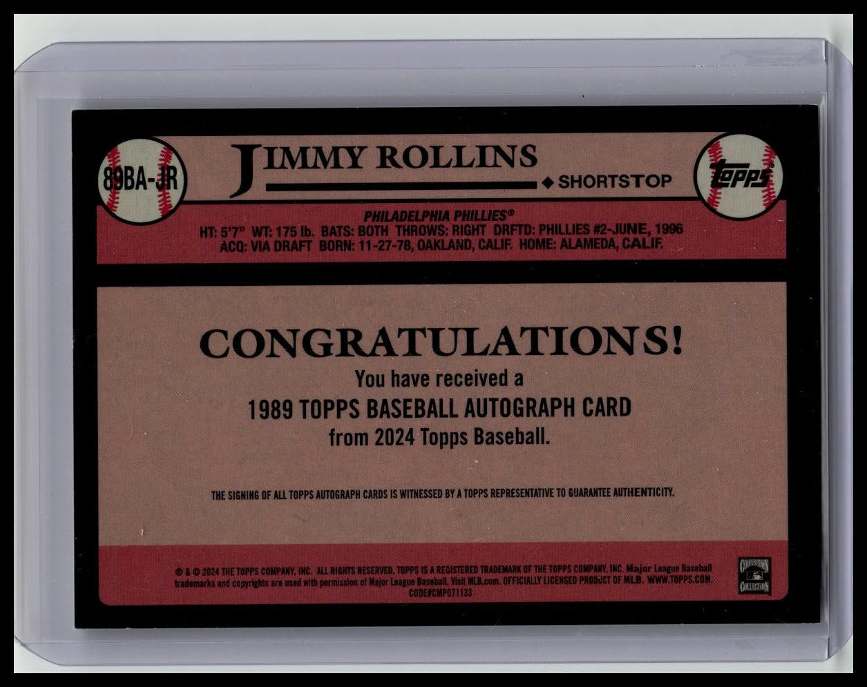 2024 Topps Jimmy Rollins 1989 Baseball 35th Anniversary Auto (Series 2) #89BA-JR