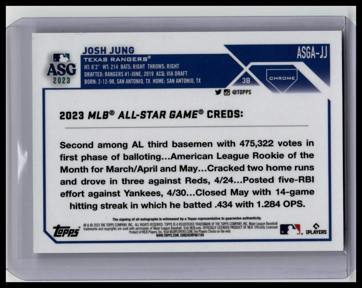 2023 Topps Chrome Update JOSH JUNG ALL STAR GAME REFRACTOR AUTO RANGERS RC