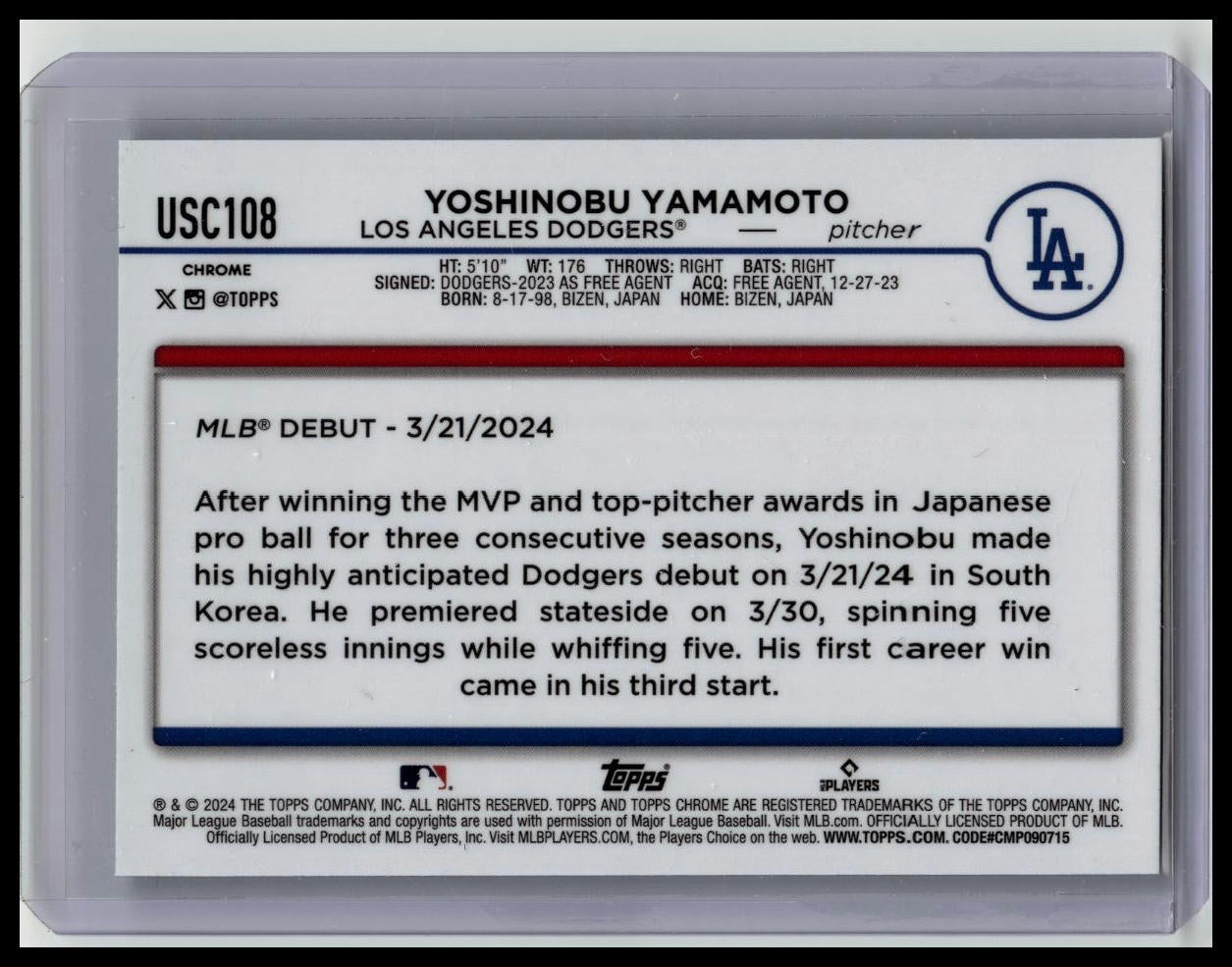 2024 Topps Chrome Update Yoshinobu Yamamoto Green Refractor Rookie #13/99