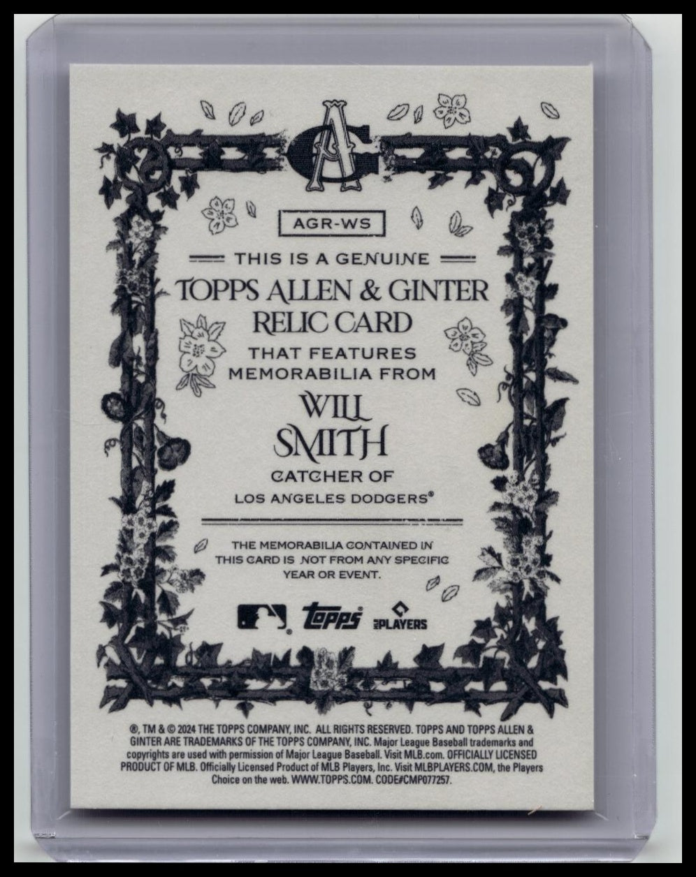 2024 Topps Allen & Ginter Will Smith GU Jersey Relic Card - Dodgers