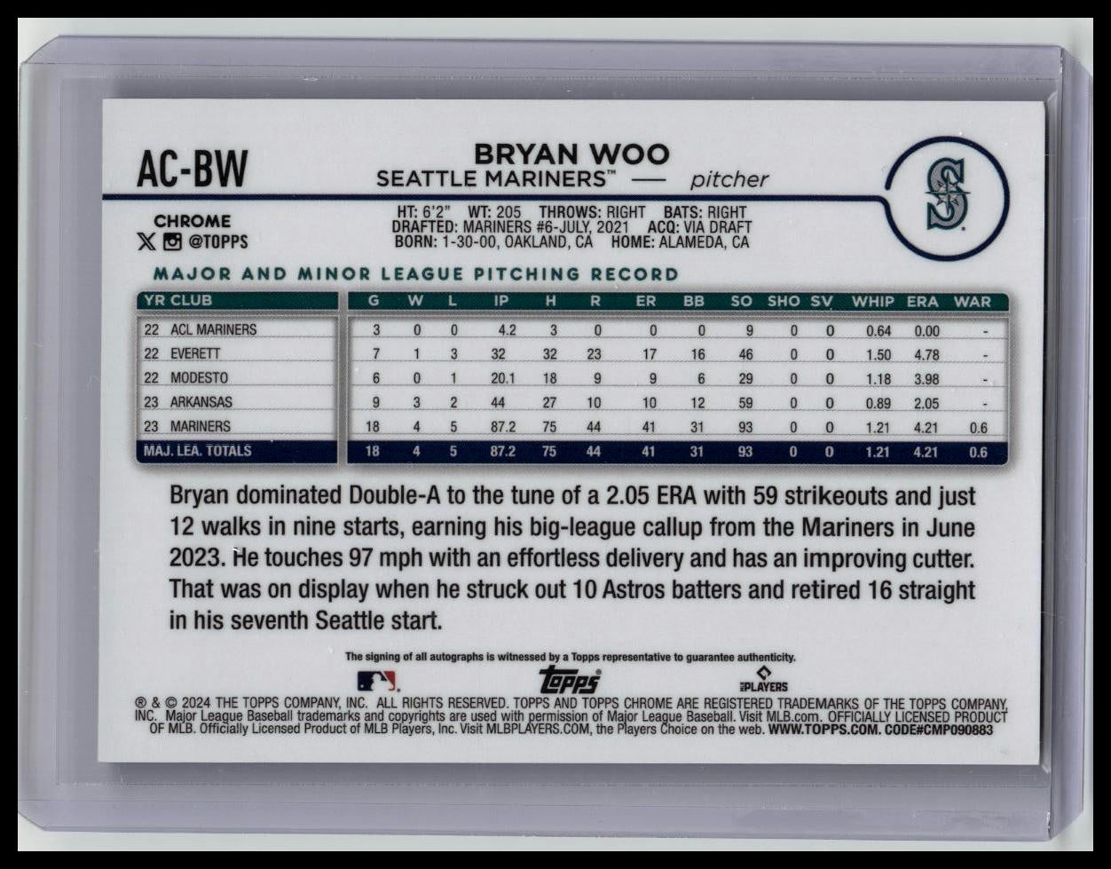 2024 Topps Chrome Update Bryan Woo Purple Speckle Refractor Rookie Auto /299 RC